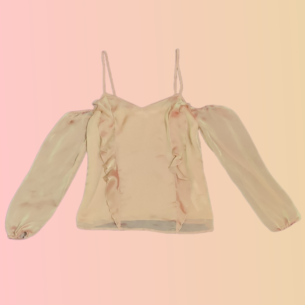 GUESS Semi Sheer Metallic Champagne Pink Ruffle Accent Off The Shoulder Blouse